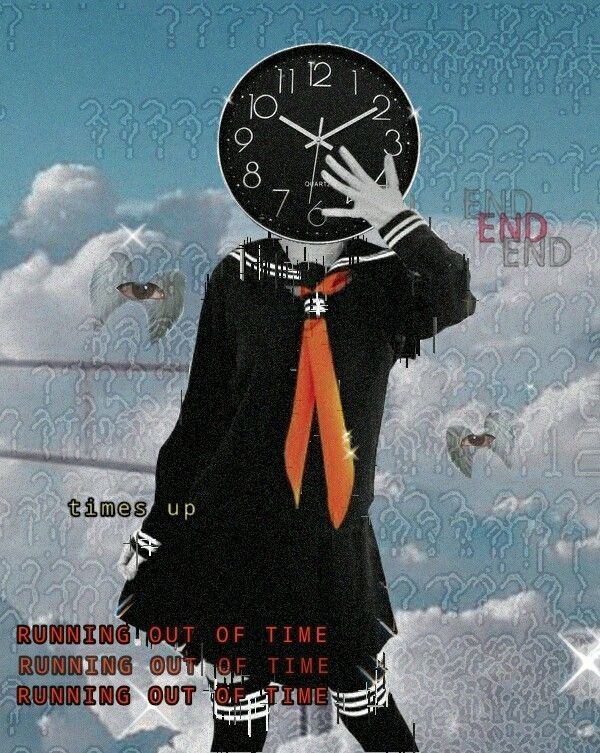 Surreal image of person with clock for a head and text running out of time written in bottom corner